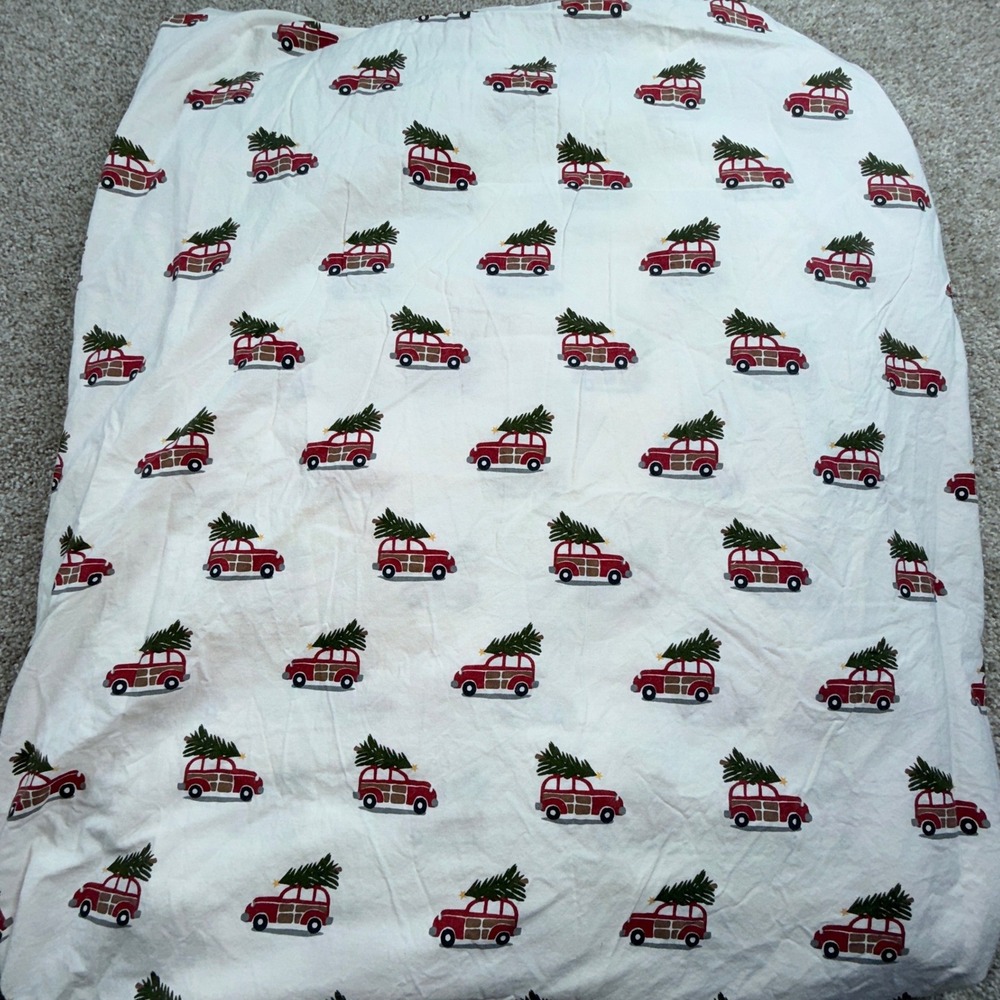 Pottery Barn Full Flat Sheet 100% Organic‎ Cotton Christmas Tree Station Wagon
